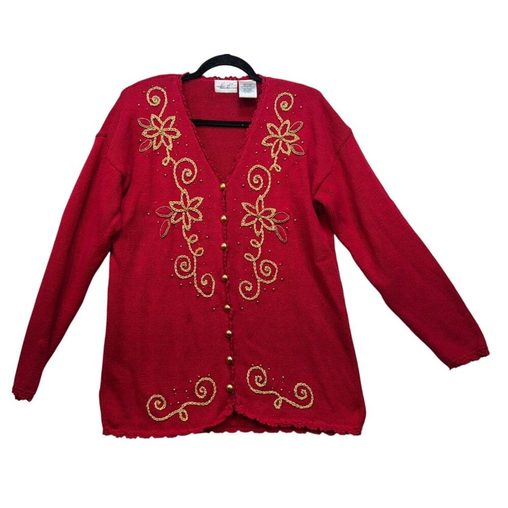 Vintage Kathie Lee Womens Holiday Cardigan Gold Embroidery & Button Accents Larg